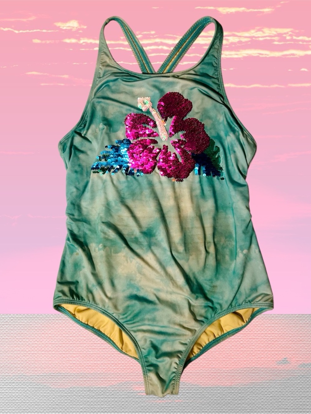 Girls Lands’ End 16 Sequined Hibiscus Flower One Piece Swimsuit